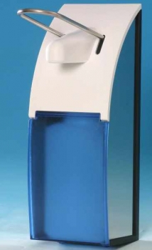 Armhebelspender Dosierspender :: 500 ml (blau-transparente Abdeckplatte, CNS Seiten)